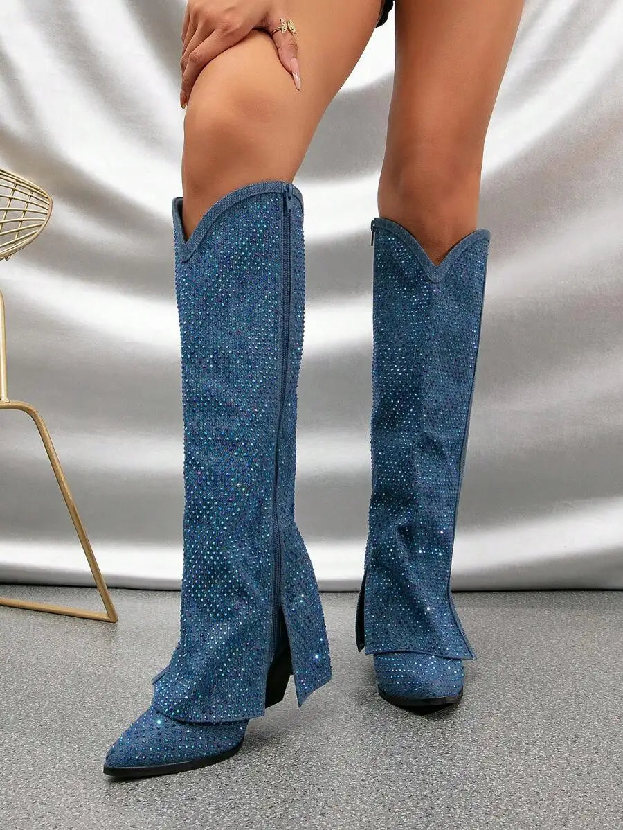 Women Blue Crystal-Embellished Knee-High Boots