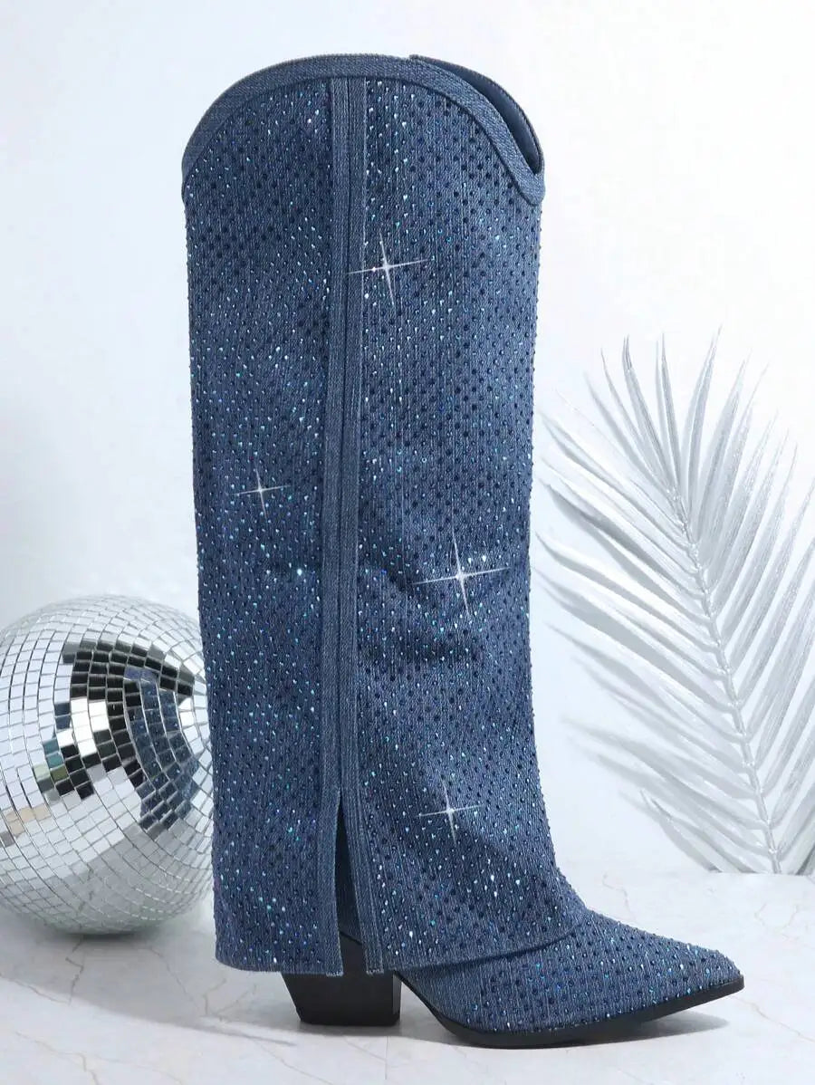 Women Blue Crystal-Embellished Knee-High Boots