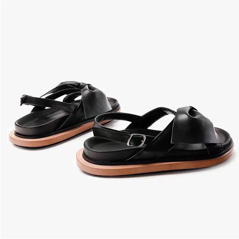 Black Buckle Strap Open Toe Flats Beach Shoes Leather Women's Causal Sandals - LiveTrendsX