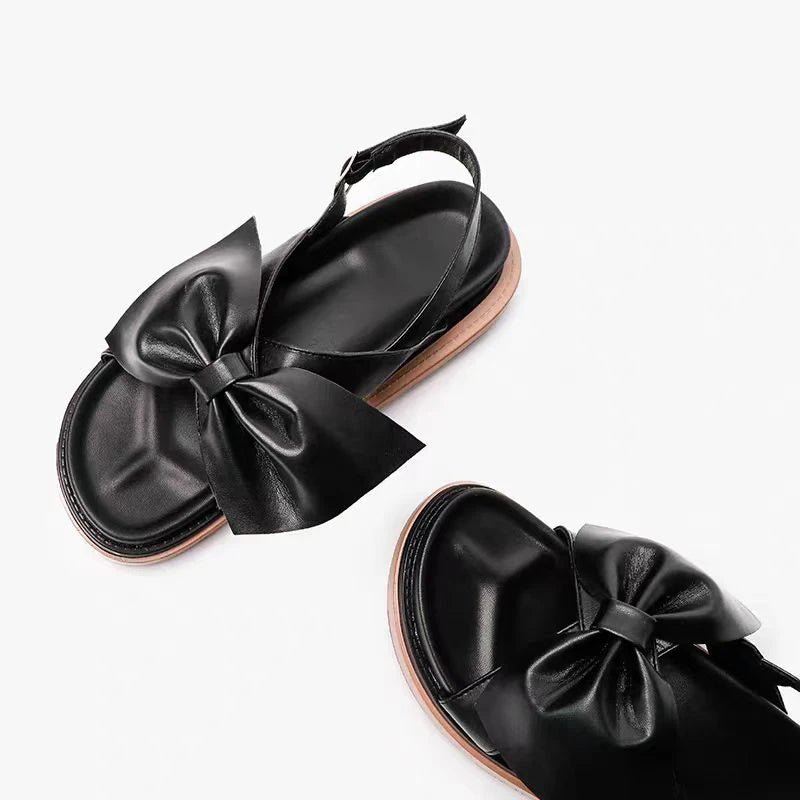 Black Buckle Strap Open Toe Flats Beach Shoes Leather Women's Causal Sandals - LiveTrendsX