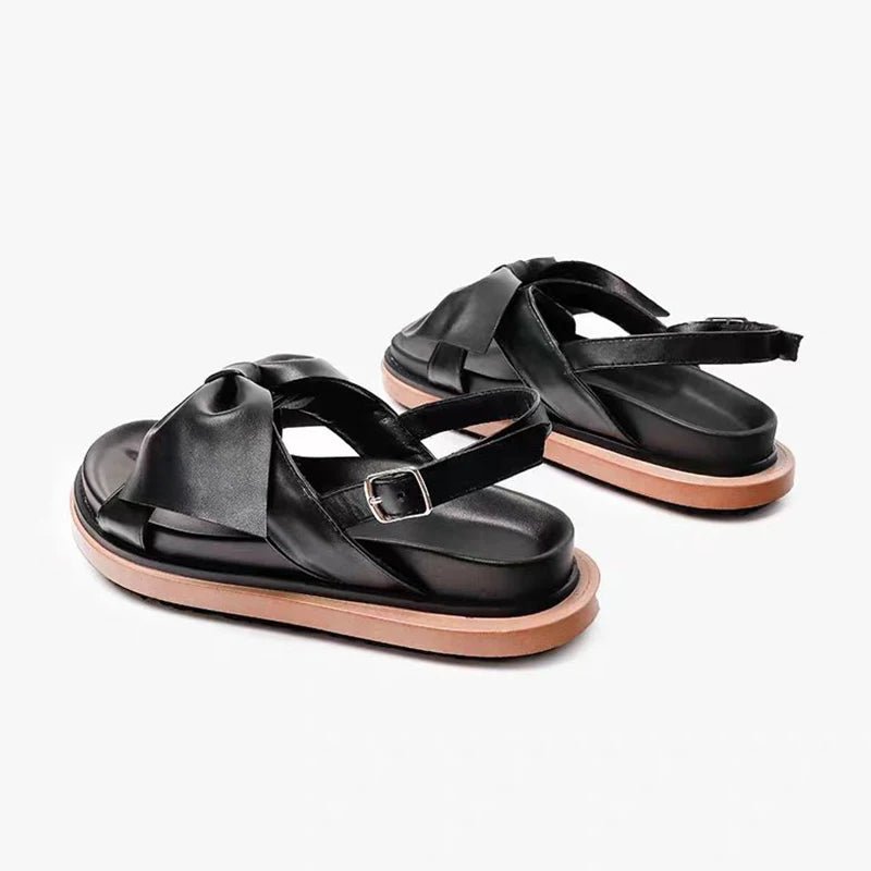 Black Buckle Strap Open Toe Flats Beach Shoes Leather Women's Causal Sandals - LiveTrendsX