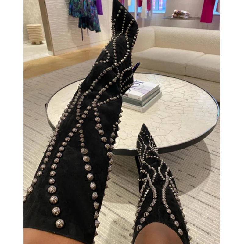 Rivet line Pointed Stiletto knee-high boots woman slip-on suede mid-calf boots