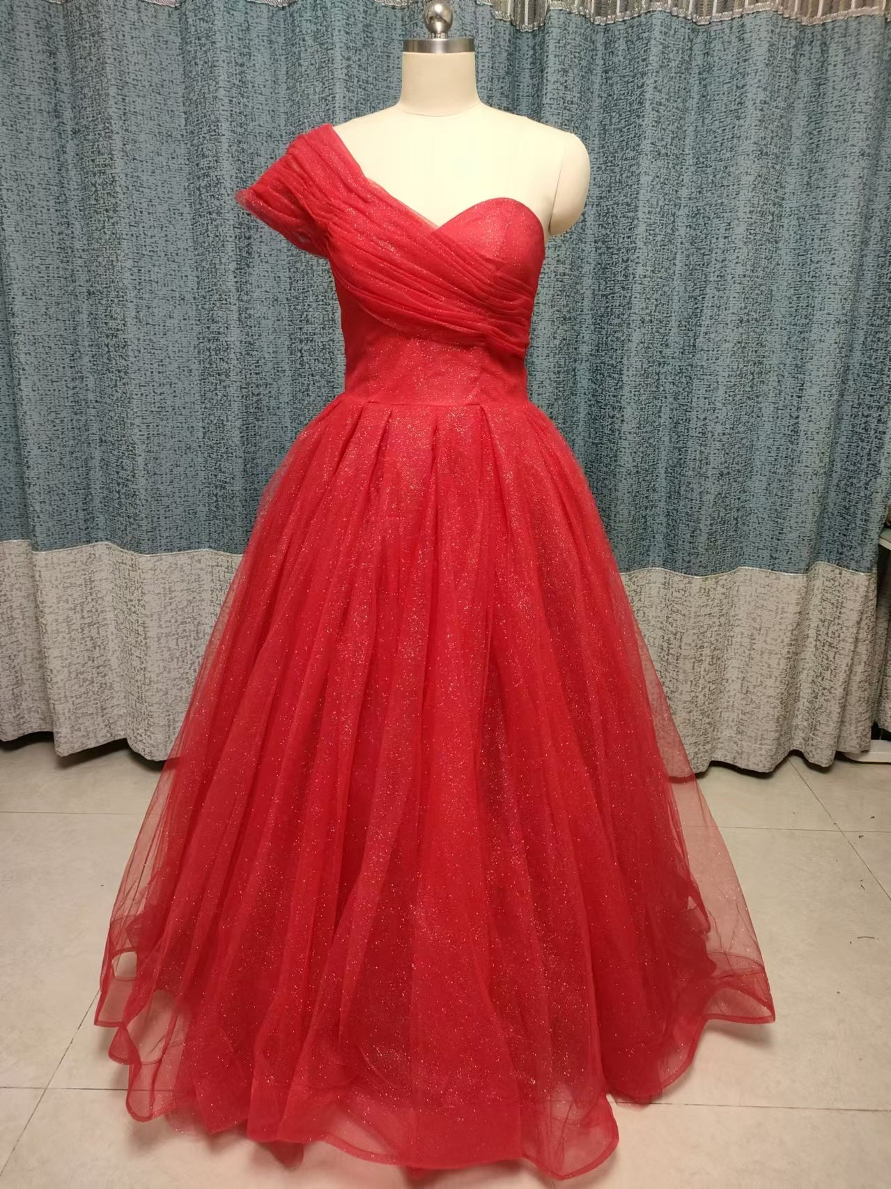 One-shoulder princess girl ball gown red evening prom dresses