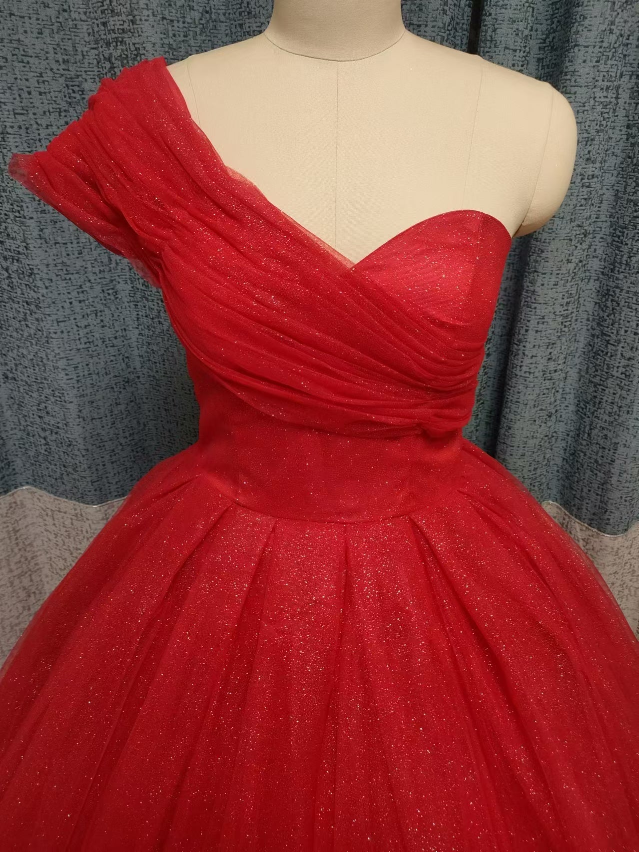 One-shoulder princess girl ball gown red evening prom dresses