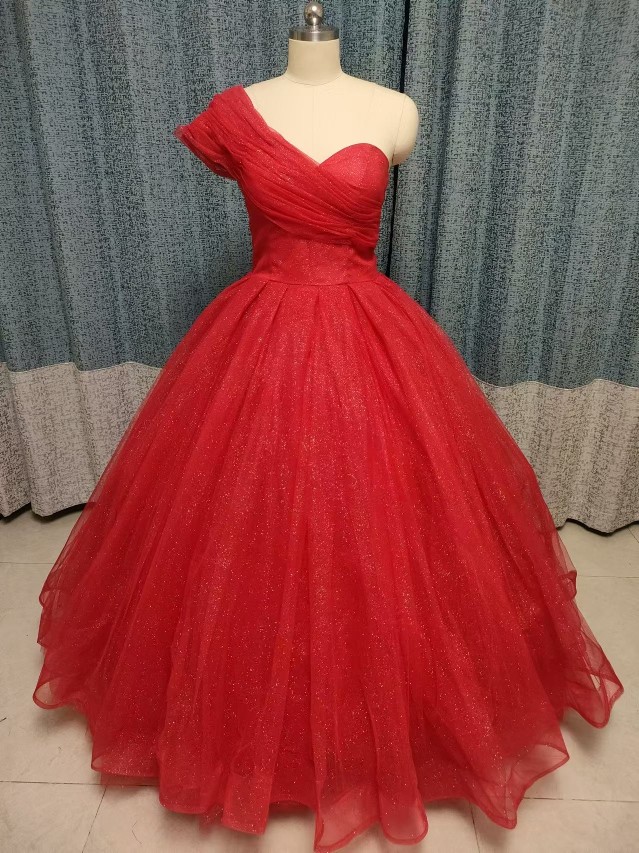 One-shoulder princess girl ball gown red evening prom dresses