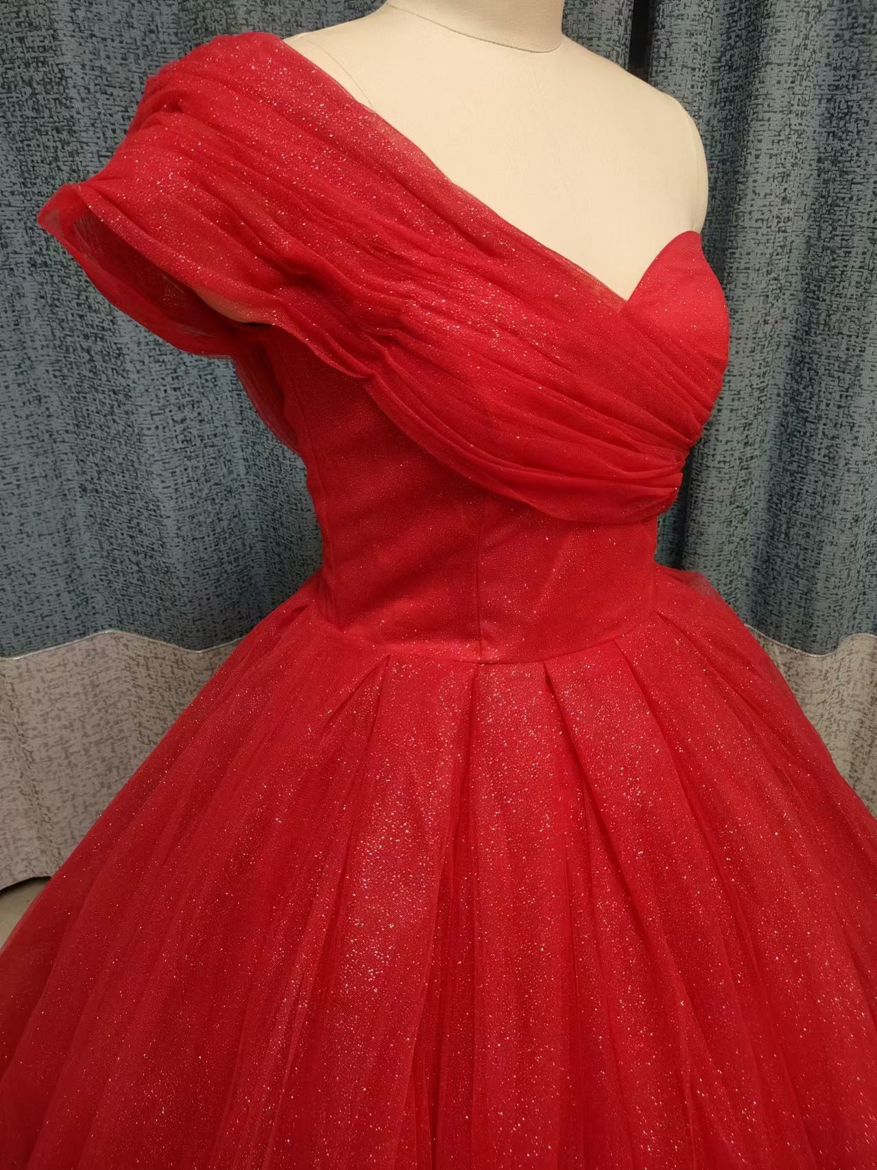 One-shoulder princess girl ball gown red evening prom dresses