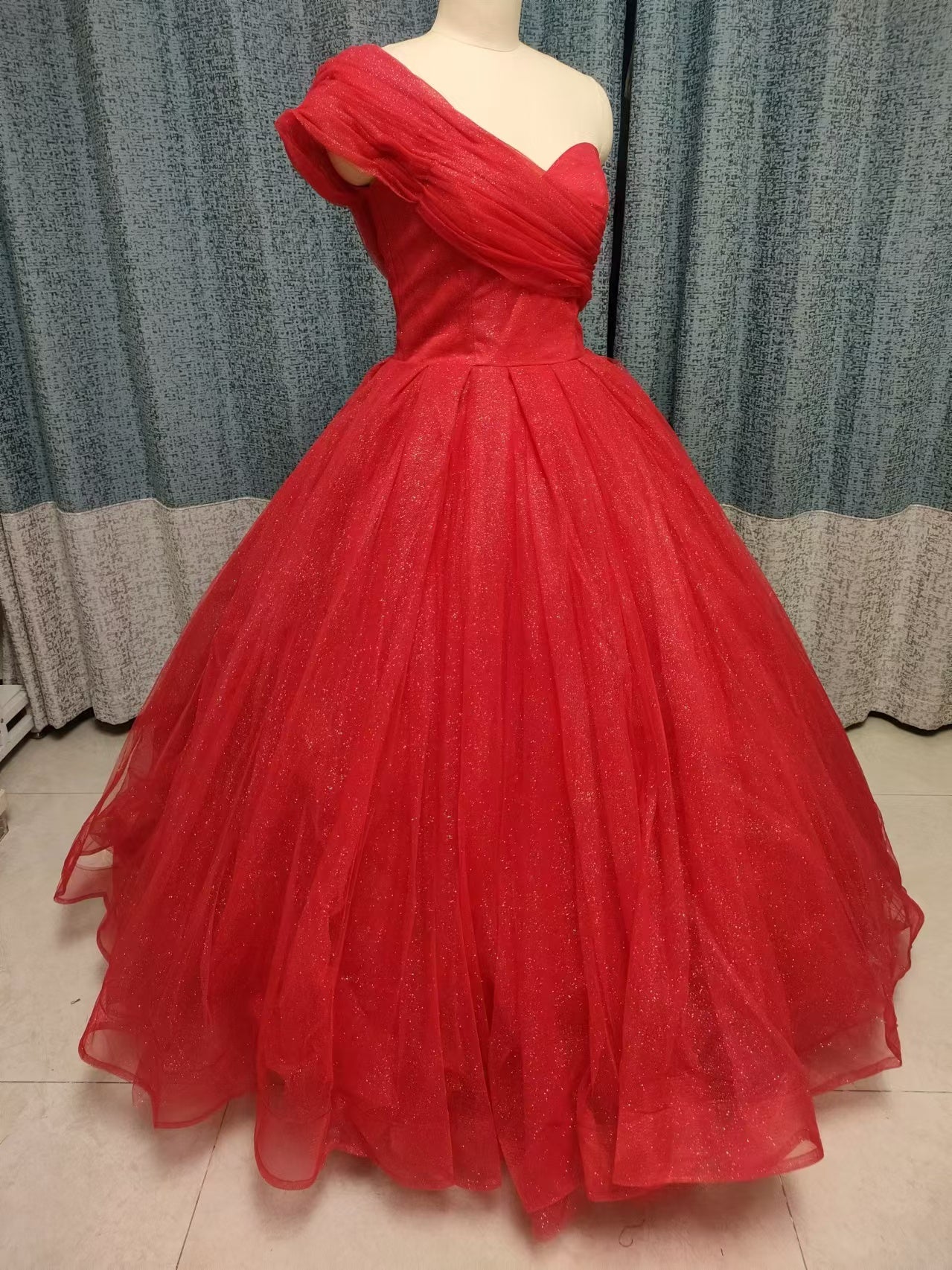 One-shoulder princess girl ball gown red evening prom dresses