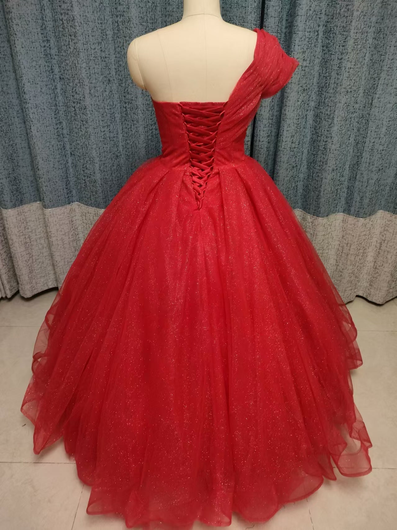 One-shoulder princess girl ball gown red evening prom dresses