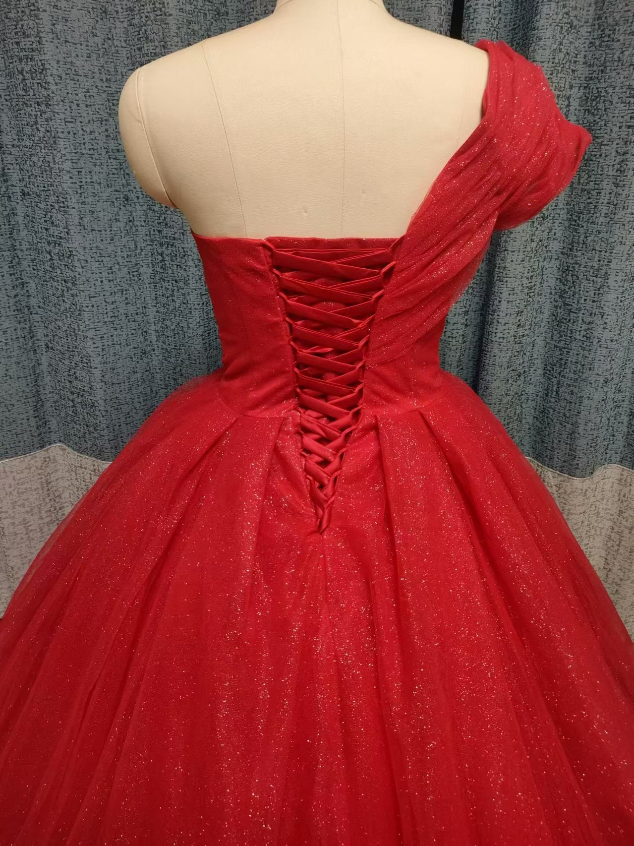 One-shoulder princess girl ball gown red evening prom dresses