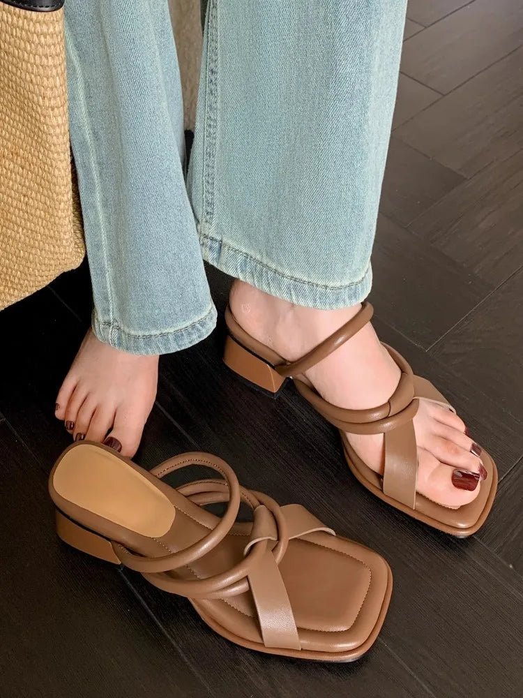 Square Toe Chunky Heels Elegant Designer Slippers Office Lady Open Toe Casual Shoes - LiveTrendsX