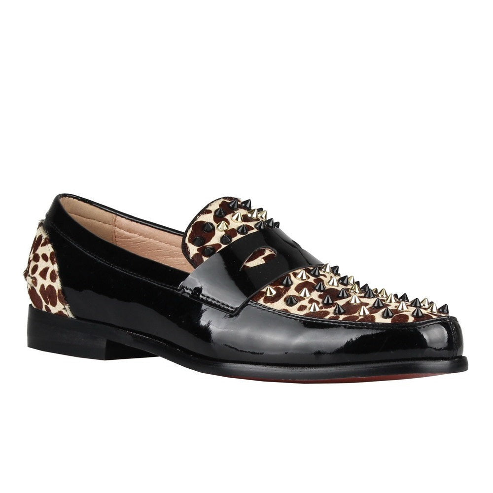 Leopard horse hair Spikes Mens Loafers Red Bottom