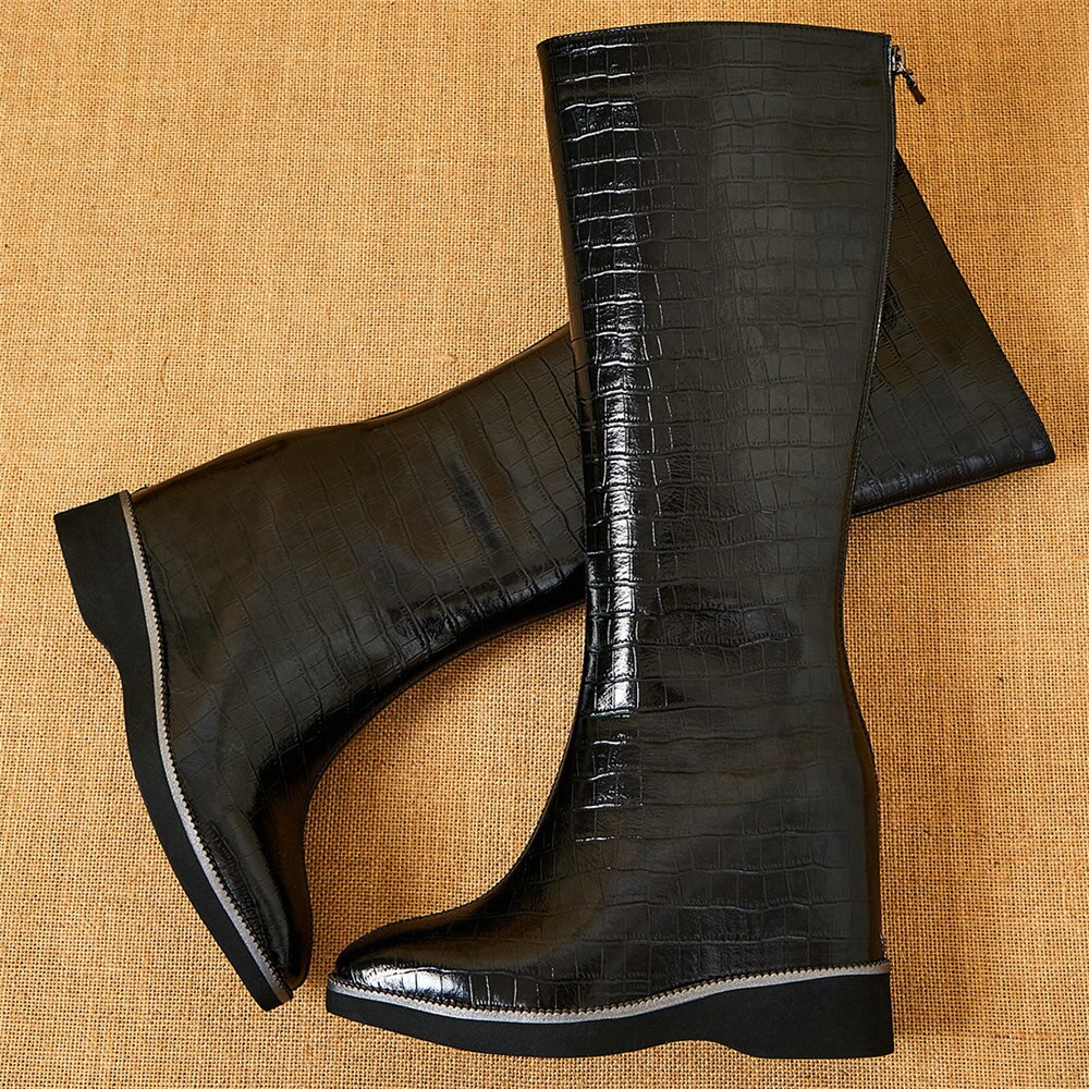 Genuine Leather Wedges High Heel Knee High Motorcycle Boots Female Winter