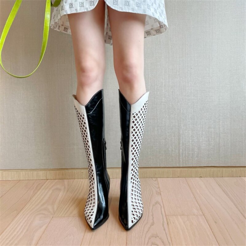 Black White Zipper Pointed Toe Net Boots Women Hole Shoes