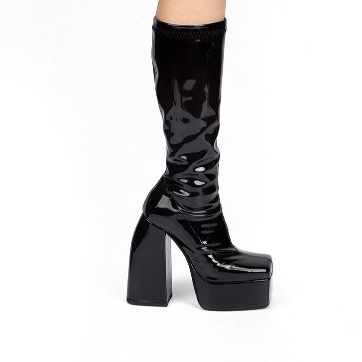 Thick Sole Platform Shoes Square Toe High Heels Long Knee High Boots