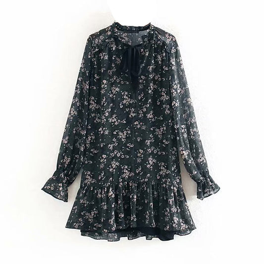 Women Ruffle Bow Tie Mini Floral Print Dress Vintage Long Sleeve Casual Loose Pleated Dress Ruffles Party Dress Vestidos - LiveTrendsX