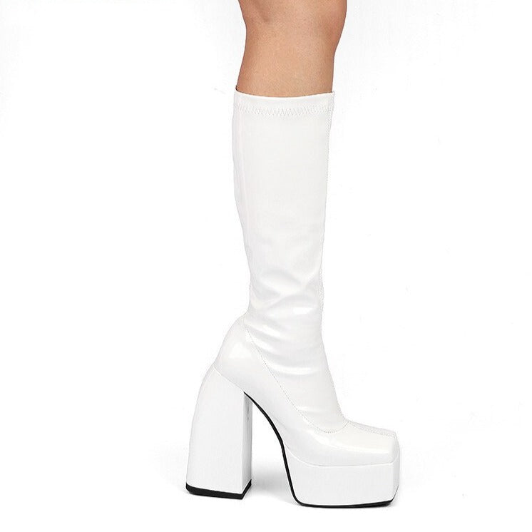 Thick Sole Platform Shoes Square Toe High Heels Long Knee High Boots