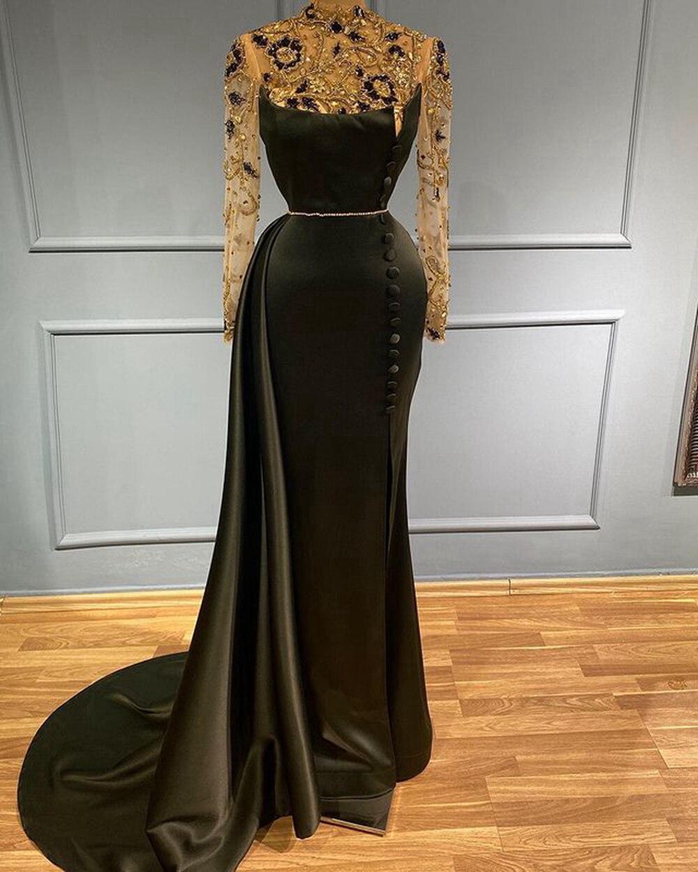 High Neck Gold Beaded Black Satin Women Formal Evening Gowns