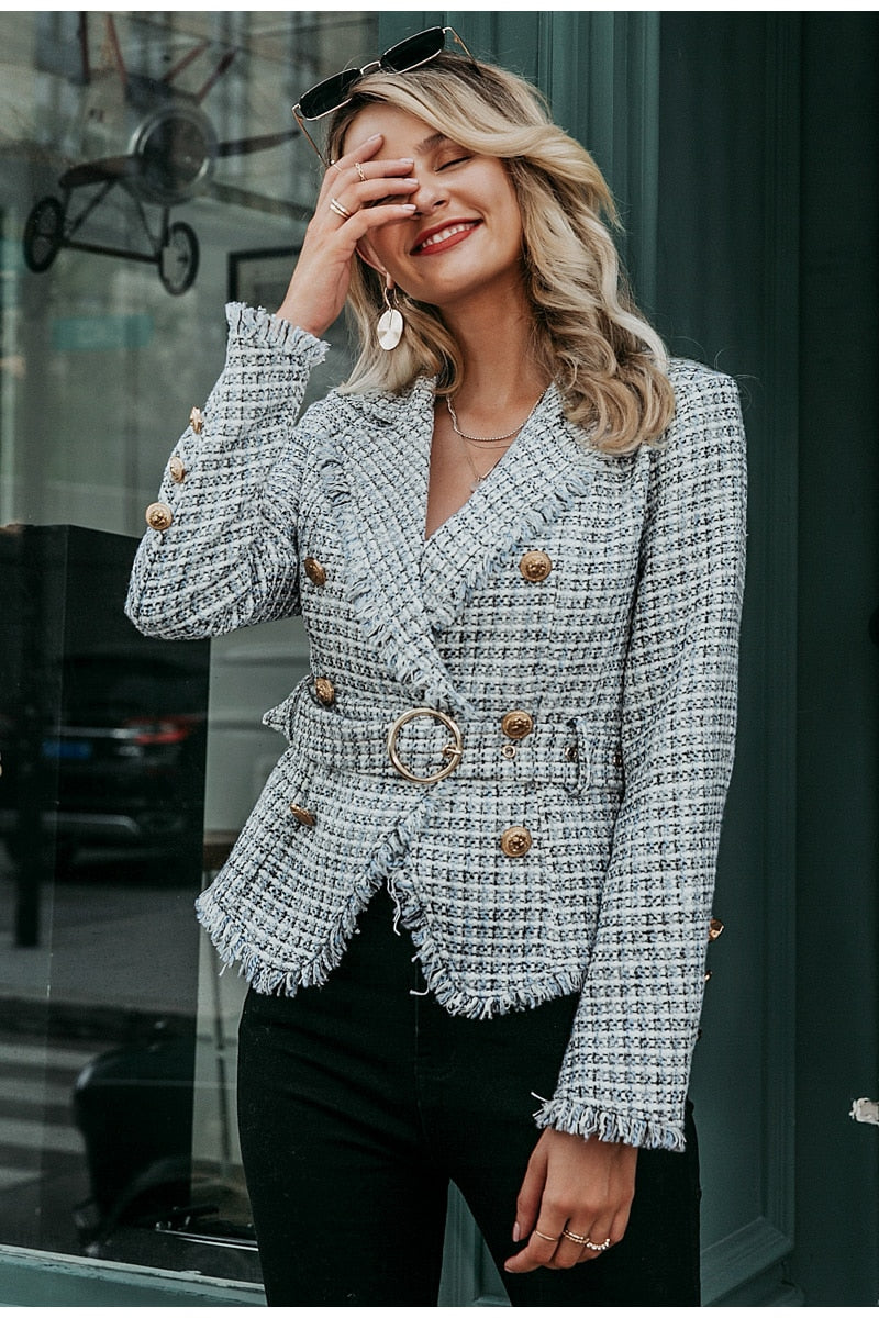 Plaid frayed edge tweed jacket coat Women v-neck double breasted button belt ladies coat Long sleeve outwear blazer coat - LiveTrendsX