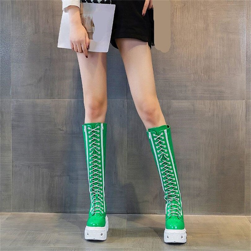 Women Genuine Leather Knee High Boots Platform Wedge High Heels