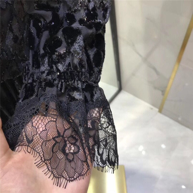 Autumn new arrive DEEP v black color full sleeve mini dress lace mesh flocked sexy women dress high quality - LiveTrendsX