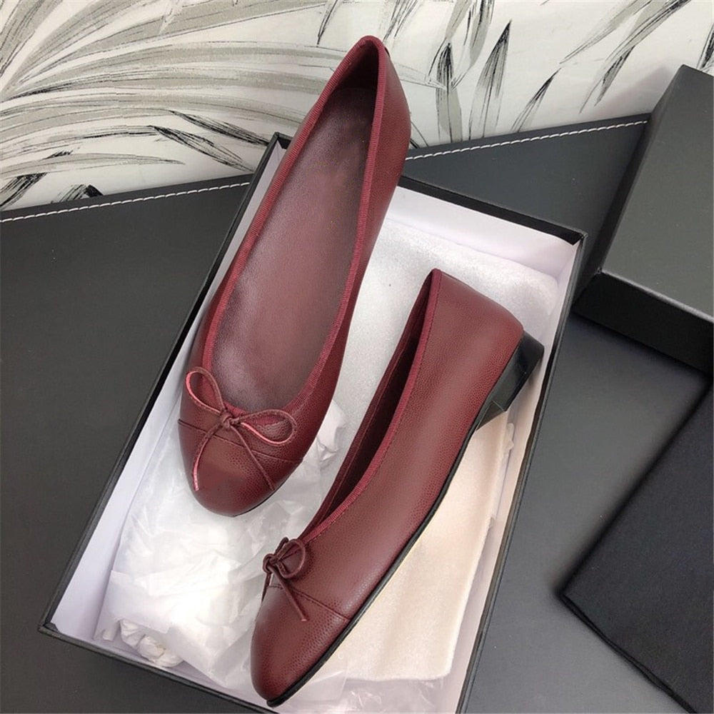 Luxury Brands Women's Shoes Comfort Round Toe Caviar Leather Women's Flats Butterfly-knot Bowtie Casual Shoes Ballet Flats 34-42 - LiveTrendsX