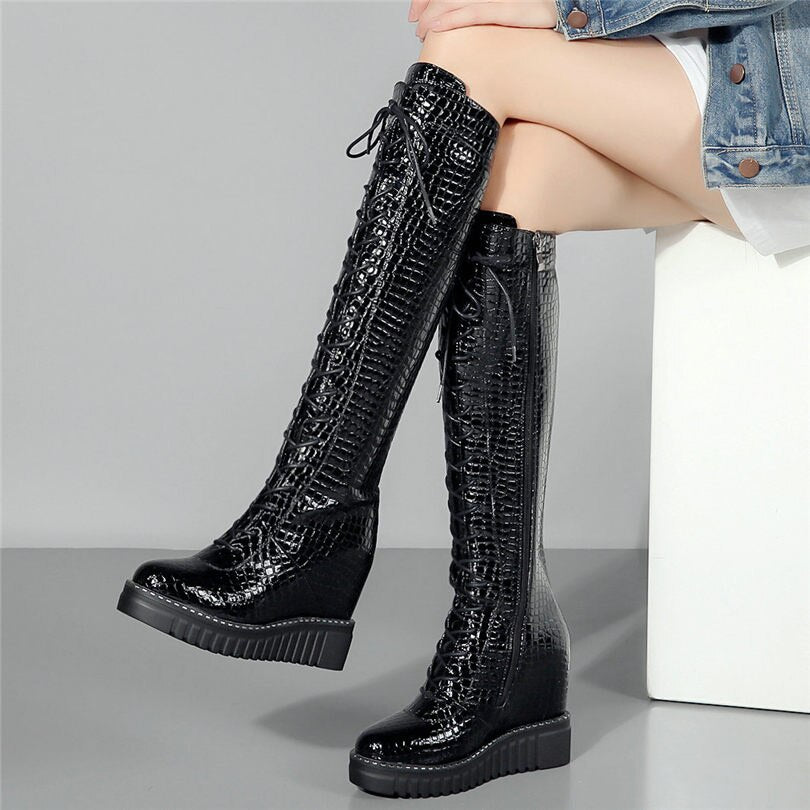 Women Wedges High Heel Knee High Military Boots Platform Pumps Shoes