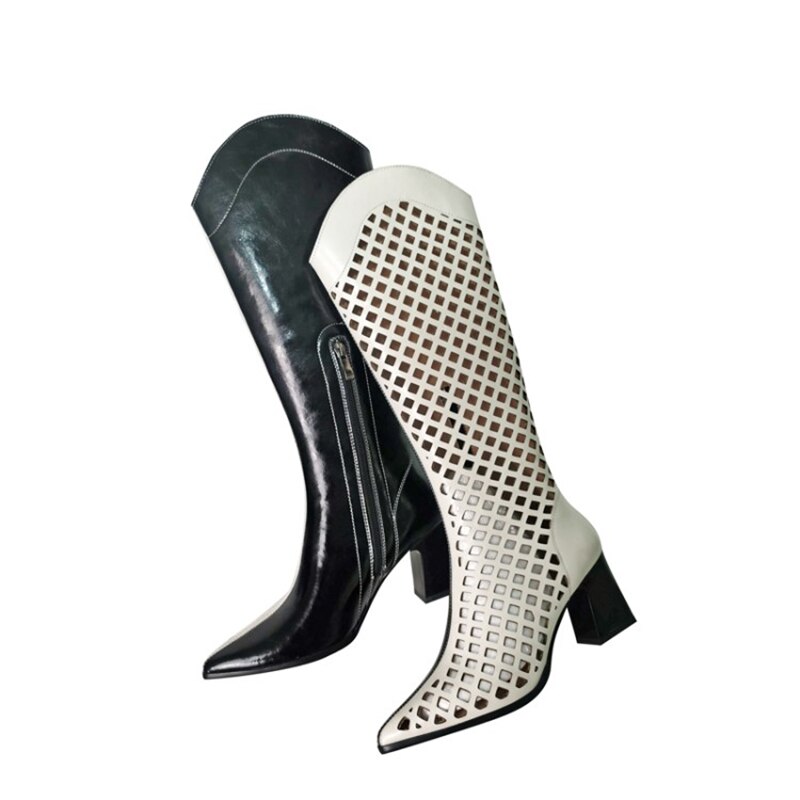 Black White Zipper Pointed Toe Net Boots Women Hole Shoes