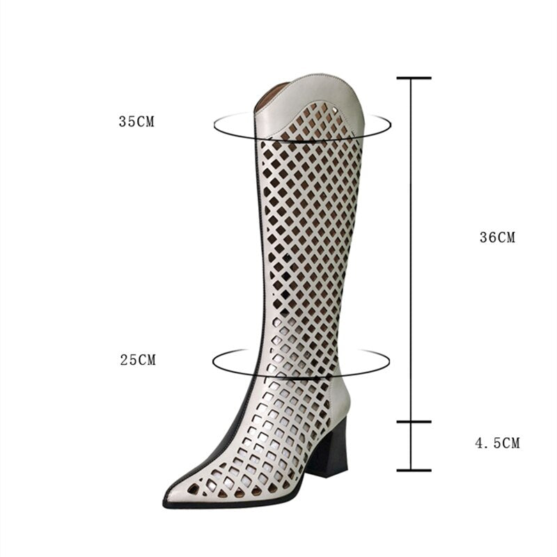 Black White Zipper Pointed Toe Net Boots Women Hole Shoes