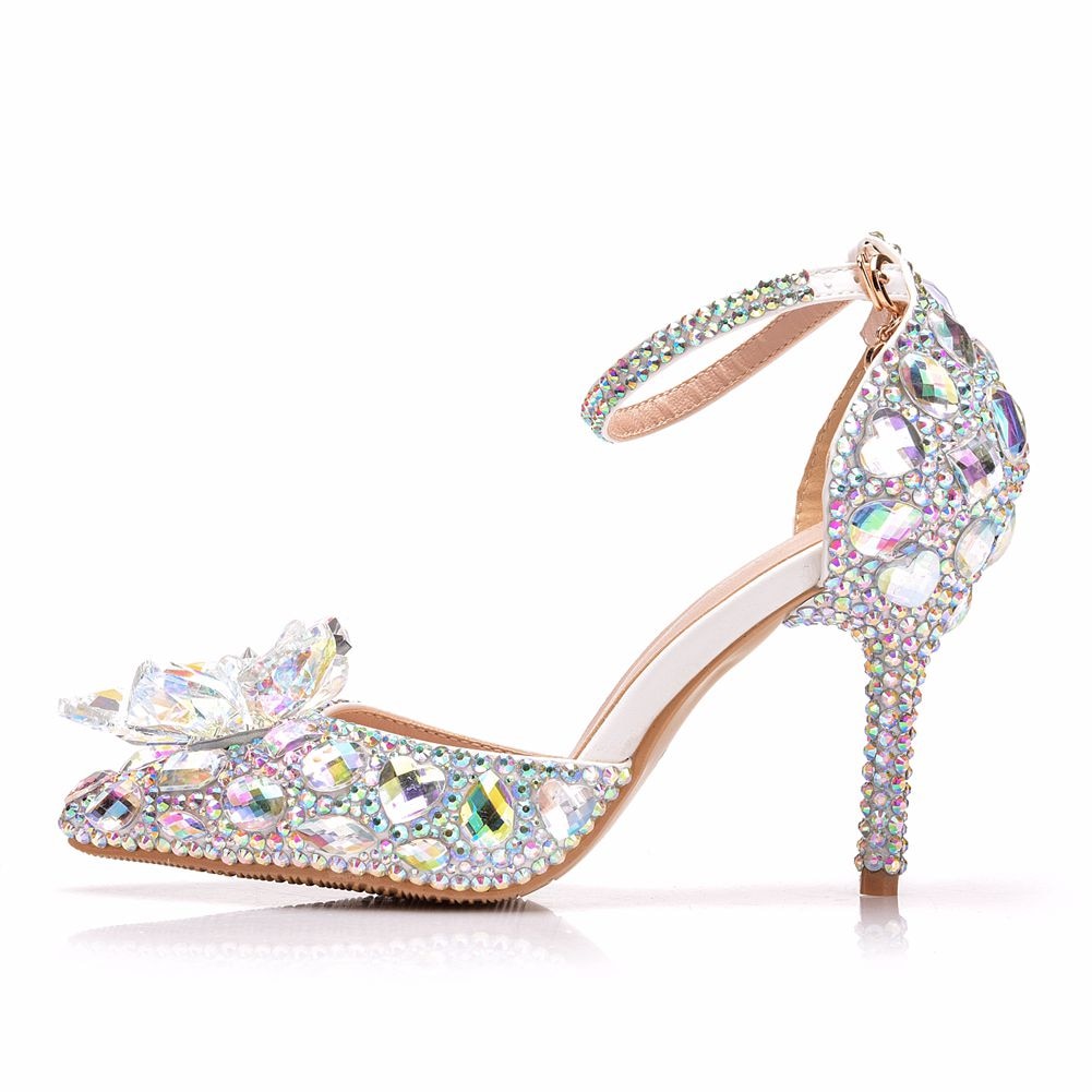 European Wedding Shoes Female White Drill Rhinestone Crystal Sandals Stiletto Pointed  Bridal Shoes High Heels - LiveTrendsX