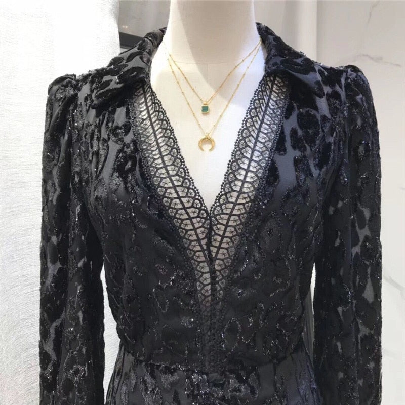 Autumn new arrive DEEP v black color full sleeve mini dress lace mesh flocked sexy women dress high quality - LiveTrendsX