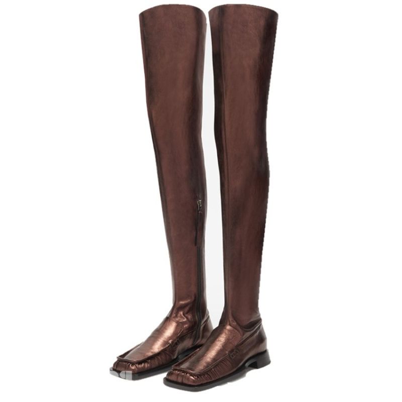 Women Over The Knee Boots Zipper Party Nightclub Flat Pleated Decorate Shoes