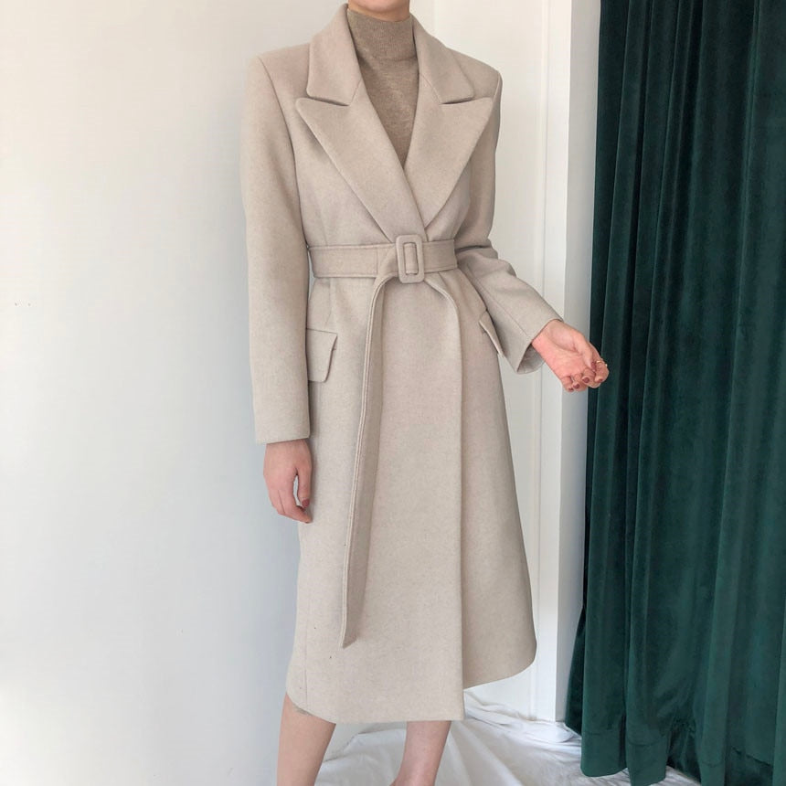 Woman Coats Winter Wool Long Coat With belt Office Lady Fashion lace Up Coats Outerwear - LiveTrendsX