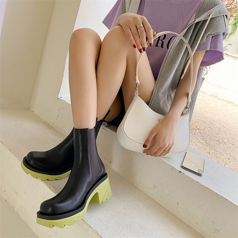 Women Chelsea Boots Platform Thick High Heel Ankle Boots