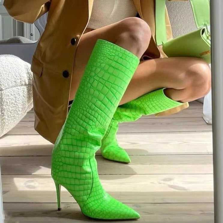 Women Crocodile High Heels Knee High Boots Pointed Toe Party Shoes