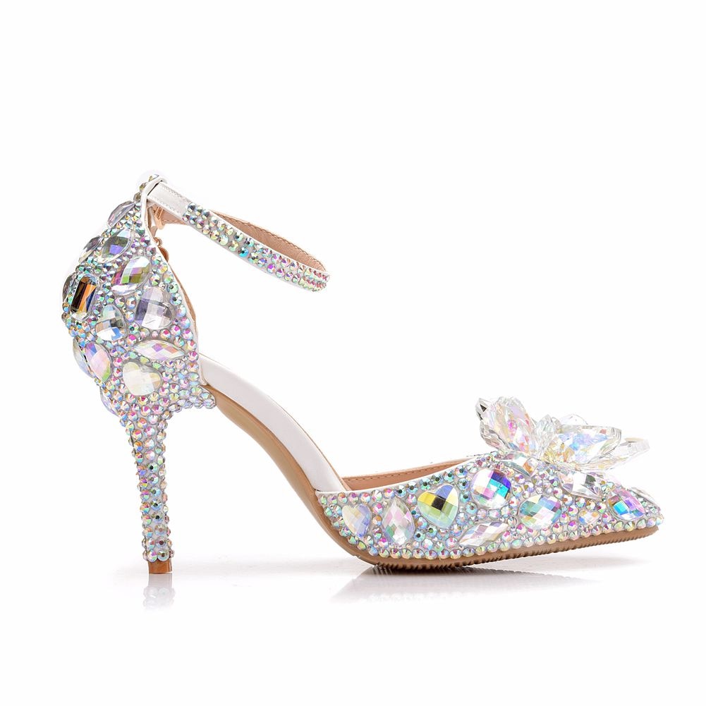 European Wedding Shoes Female White Drill Rhinestone Crystal Sandals Stiletto Pointed  Bridal Shoes High Heels - LiveTrendsX