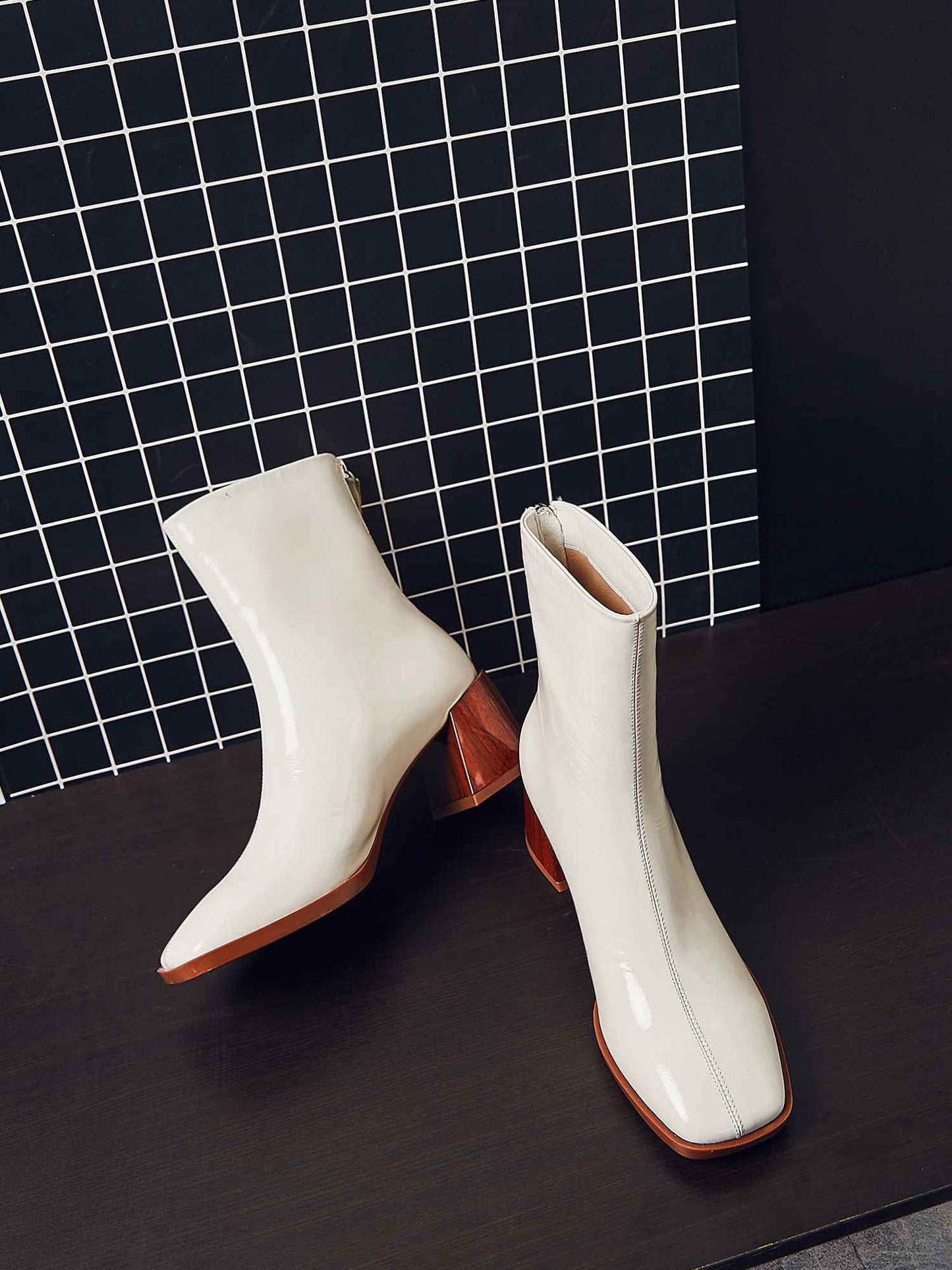 new arrival patent cow leather thick high heels square toe handmade keep warm runway modern show ankle boots - LiveTrendsX