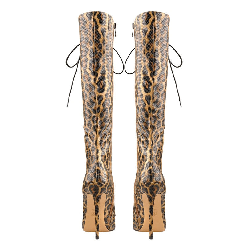 Women's Pointed Toe Side Zip 12CM High Heel Sexy Leopard Print Stiletto Stretch Over The Knee Lace-Up High boots - LiveTrendsX