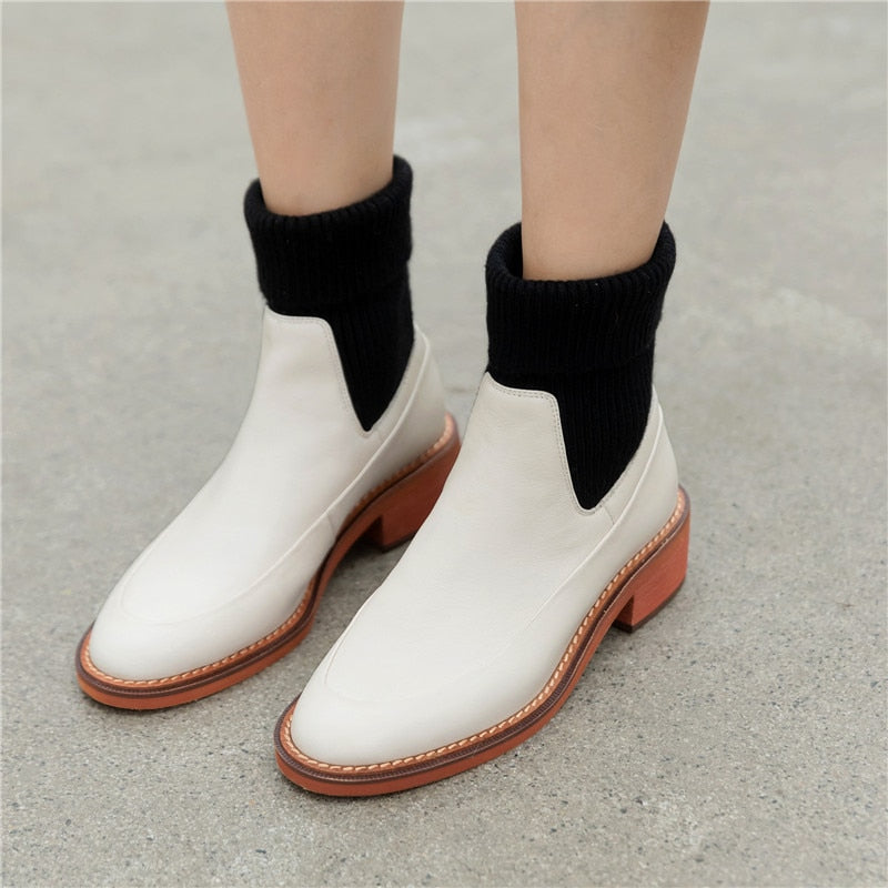 Sweet Female Chelsea Short Boots Genuine Leather Square Heels Women Warm Socks Ankle Boots Dancing Party Shoes Woman - LiveTrendsX