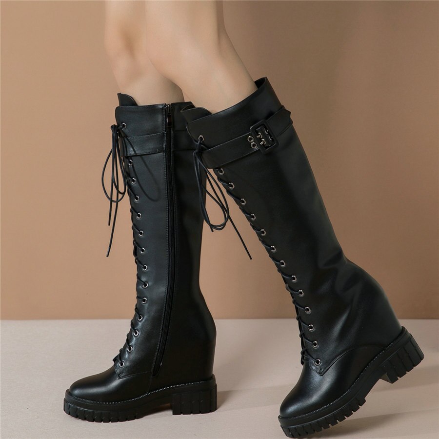 Women Genuine Leather Hidden Wedges High Heel Knee High Boots