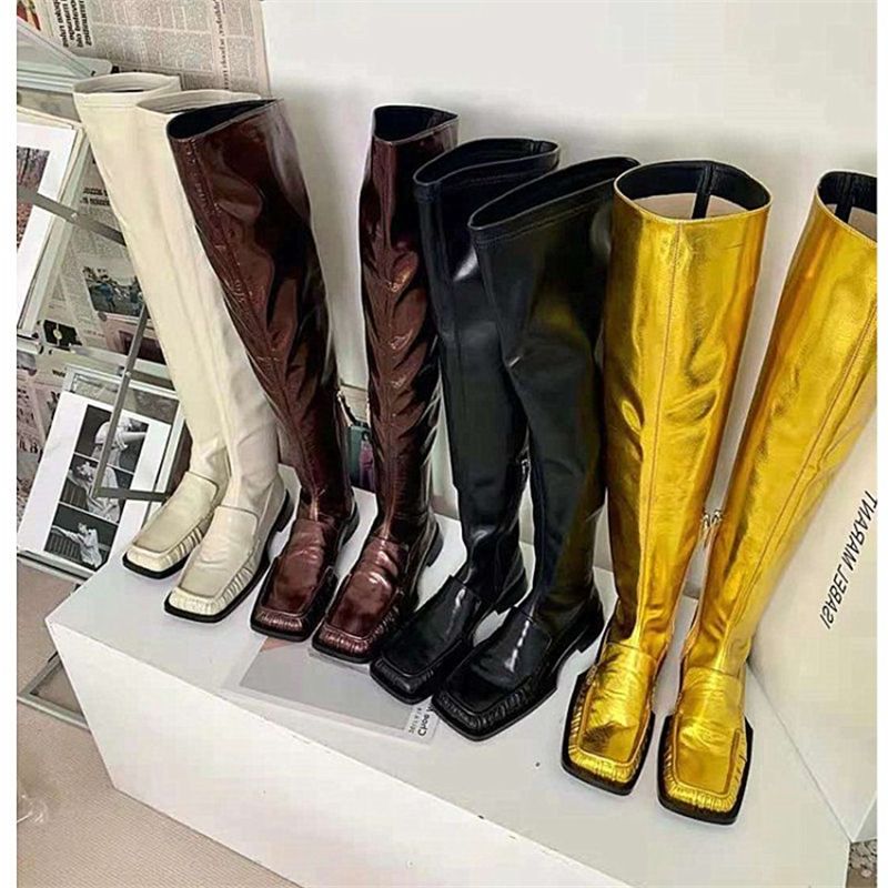 Women Over The Knee Boots Zipper Party Nightclub Flat Pleated Decorate Shoes