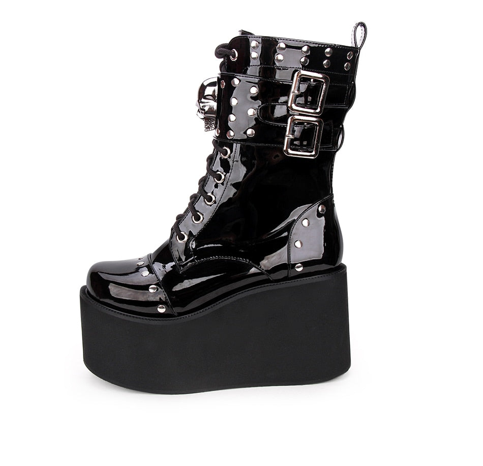 Fashion Rivet Skull Gothic Punk Rock Lace-up Boots Block Heel Thick Platform Punk Lolita Cosplay Boots - LiveTrendsX