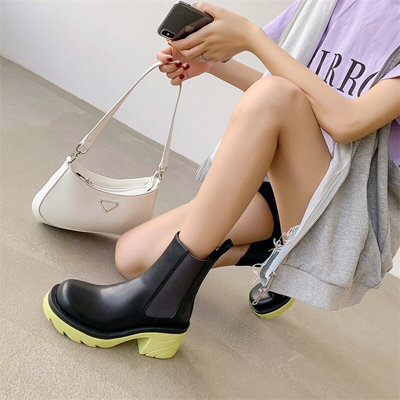 Women Chelsea Boots Platform Thick High Heel Ankle Boots