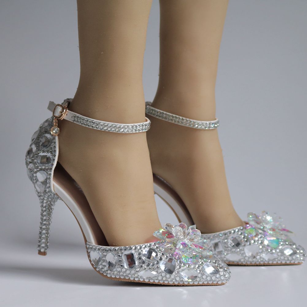 European Wedding Shoes Female White Drill Rhinestone Crystal Sandals Stiletto Pointed  Bridal Shoes High Heels - LiveTrendsX