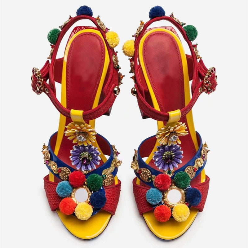 Tribal Fashion Pom-pom Embellished Red Sandals Block Heel Open Toe T-strap Flower Shoes Beach Sandals - LiveTrendsX