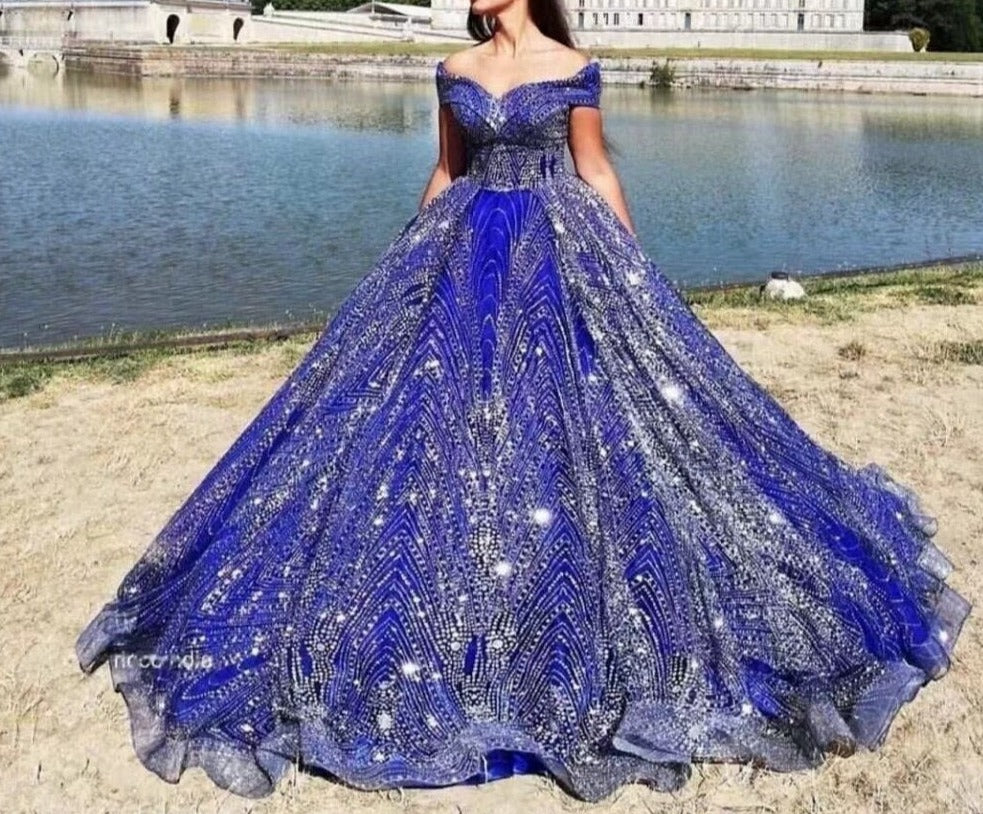 Sparkly Glittery Royal Blue Dubai Women Formal Evening Party Gown