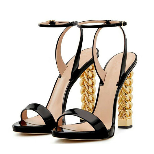 Unique Gold Metal Knitted High Heel Sandals Women One-strap Open Toe Patent Leather Strange Heel Summer Shoes Woman - LiveTrendsX