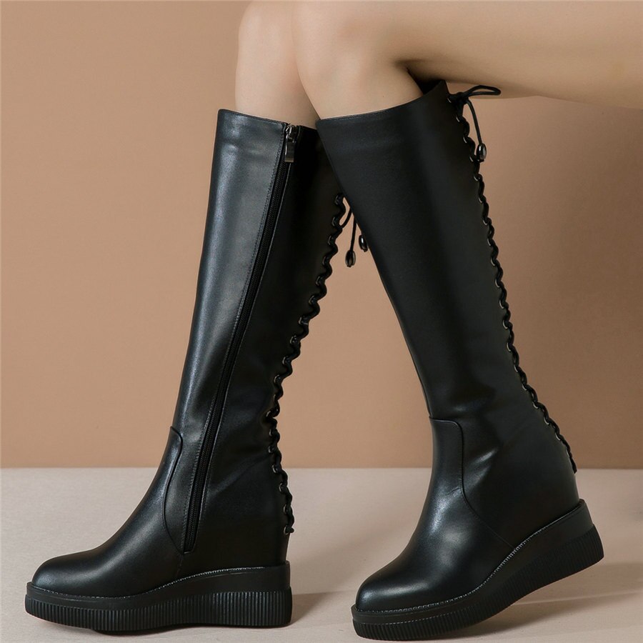 Knee High Military Boots Female Back Lace Up Round Toe Platform Pumps Shoes