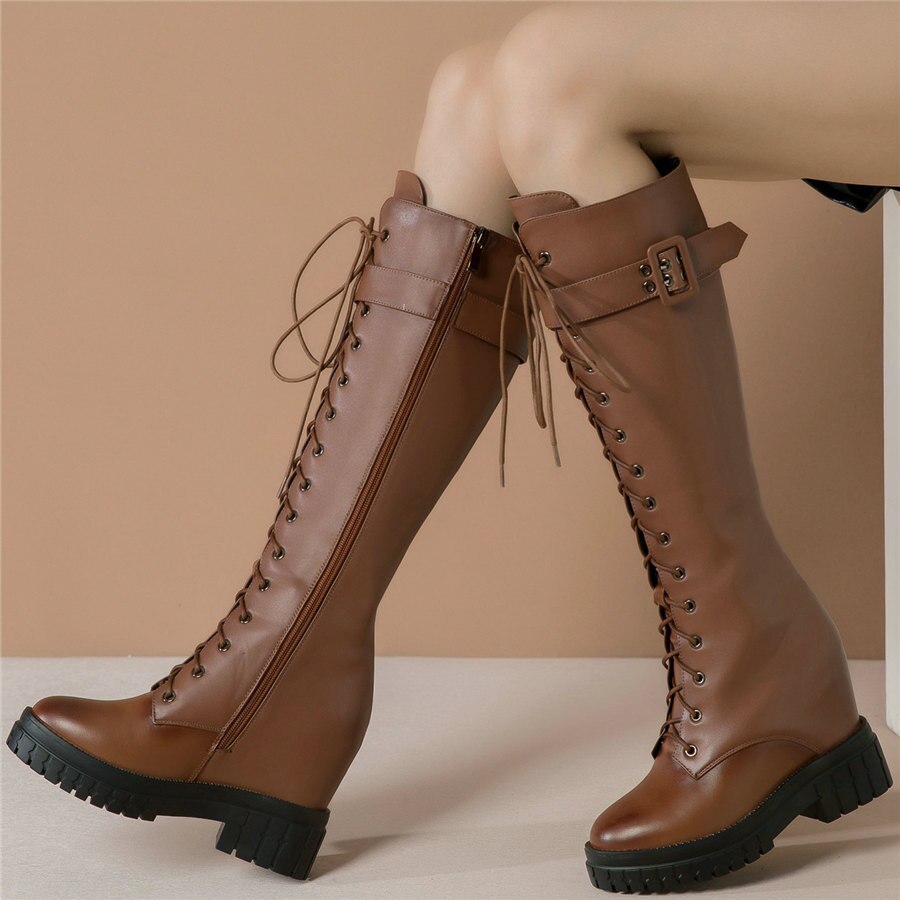 Women Genuine Leather Hidden Wedges High Heel Knee High Boots