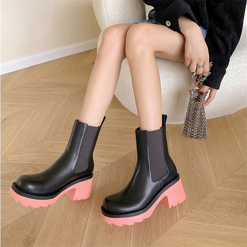 Women Chelsea Boots Platform Thick High Heel Ankle Boots