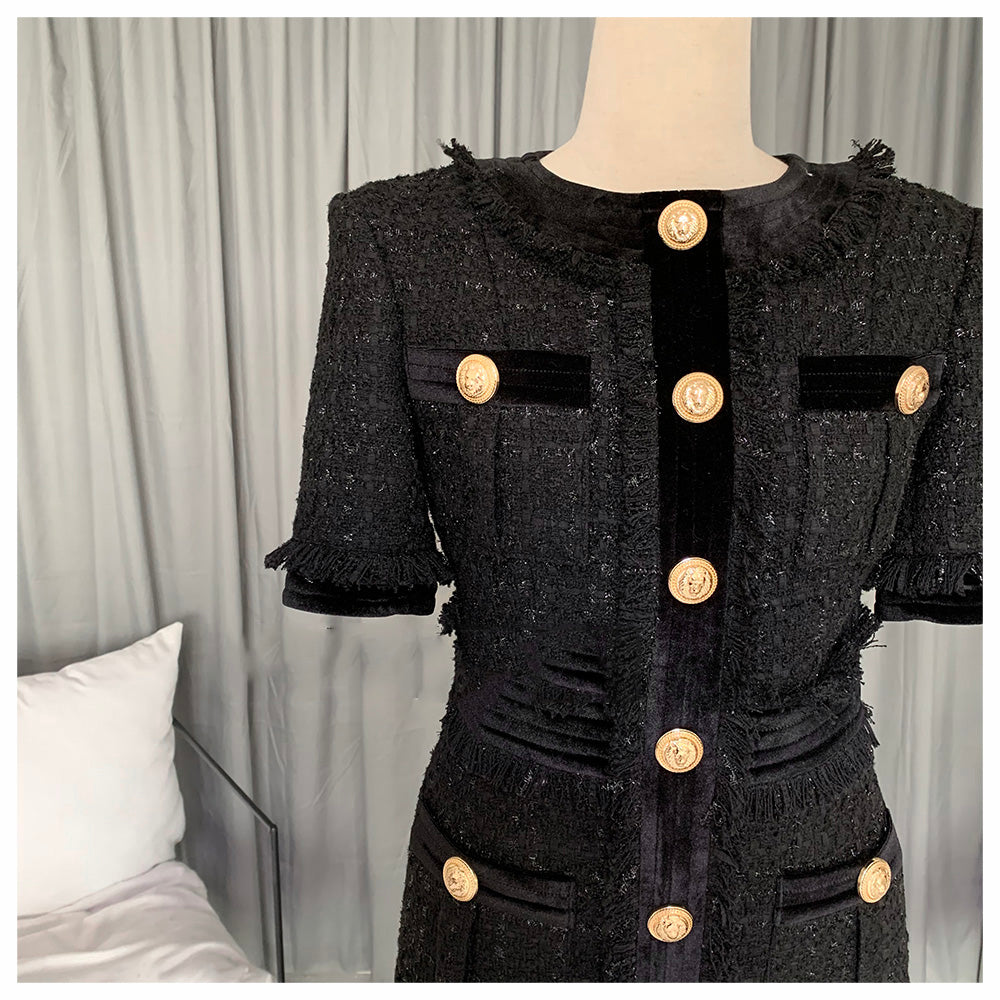 HarleyFashion Luxury Design Women Chic Stylish Short Sleeve Buttons Tweed Straight Mini Skinny Dress Tassel Patchwork Dresses - LiveTrendsX